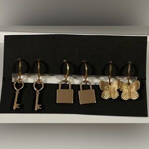 New Gold Tone Charm Hoop 3 Piece Earrings Set